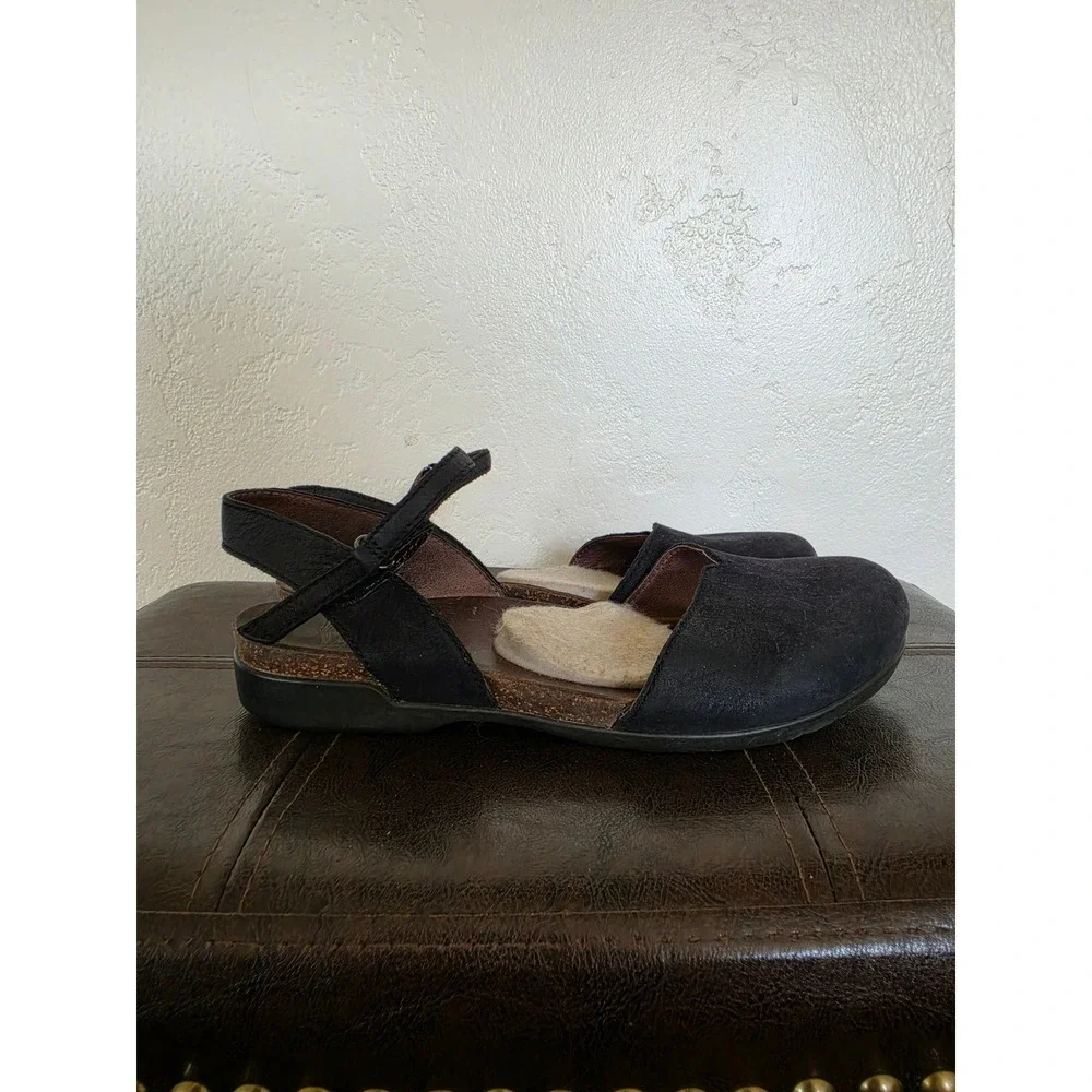 Dansko Rowan Black Leather Boho Workwear Flat Slingback Sandals sz 37 US 6.5
